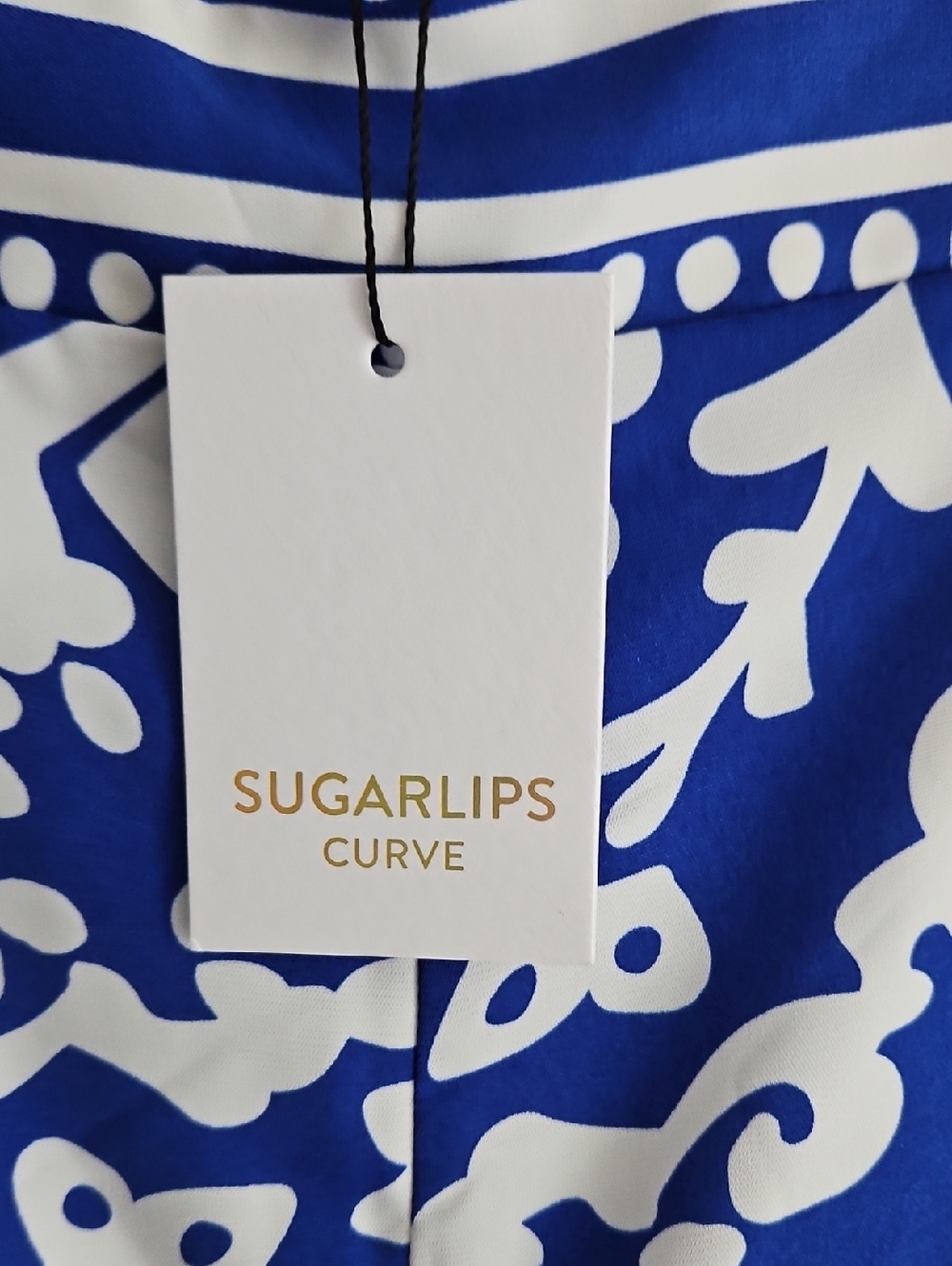 Sugarlips Curve Wide Leg Lined Satin Pants: Blue/White Print: Size- 3X - Picture 2 of 15